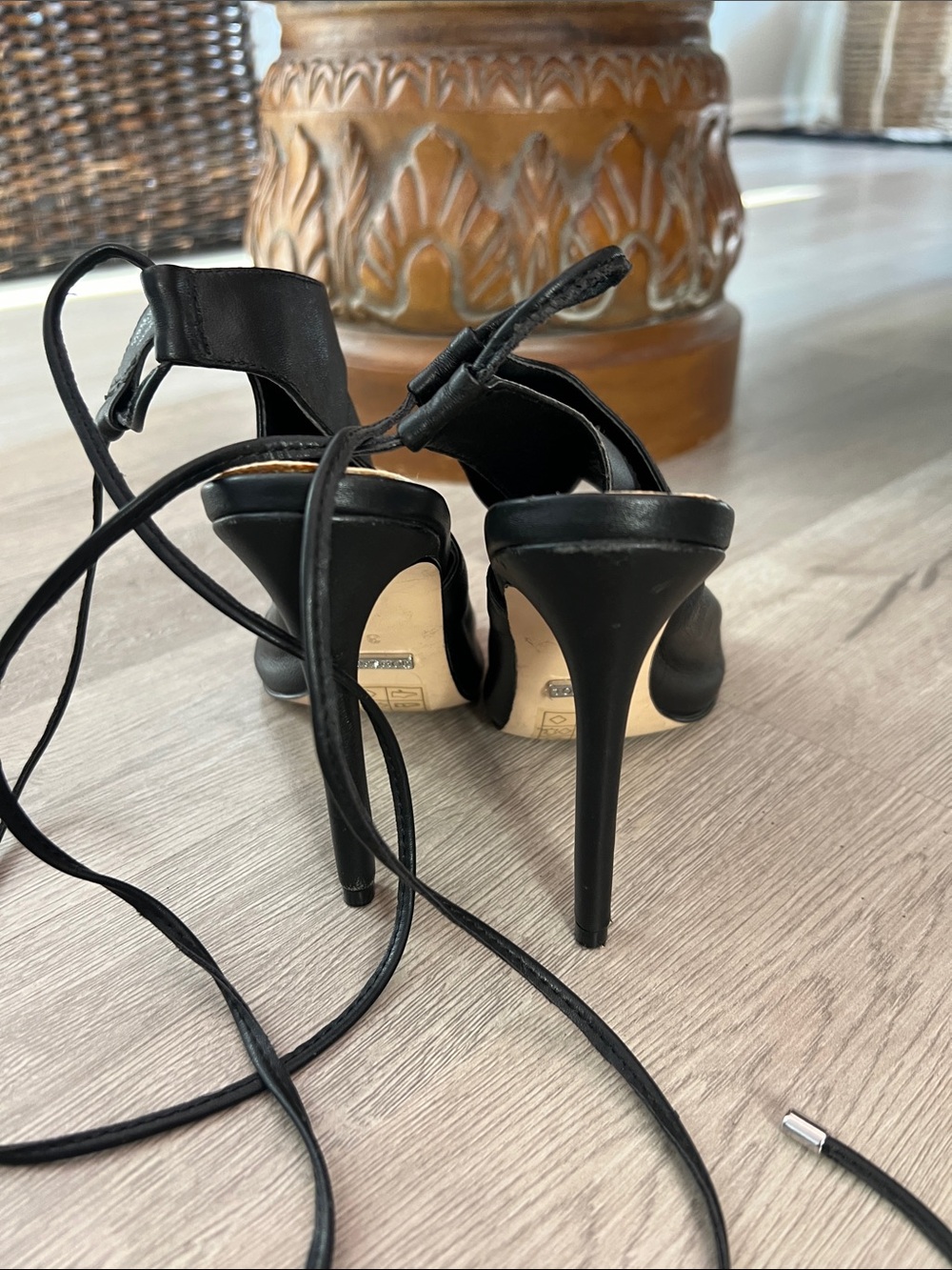 Top Shop Black Leather Lace-Up Peep Toe Wrap Sandal Heel - Picture 5 of 10